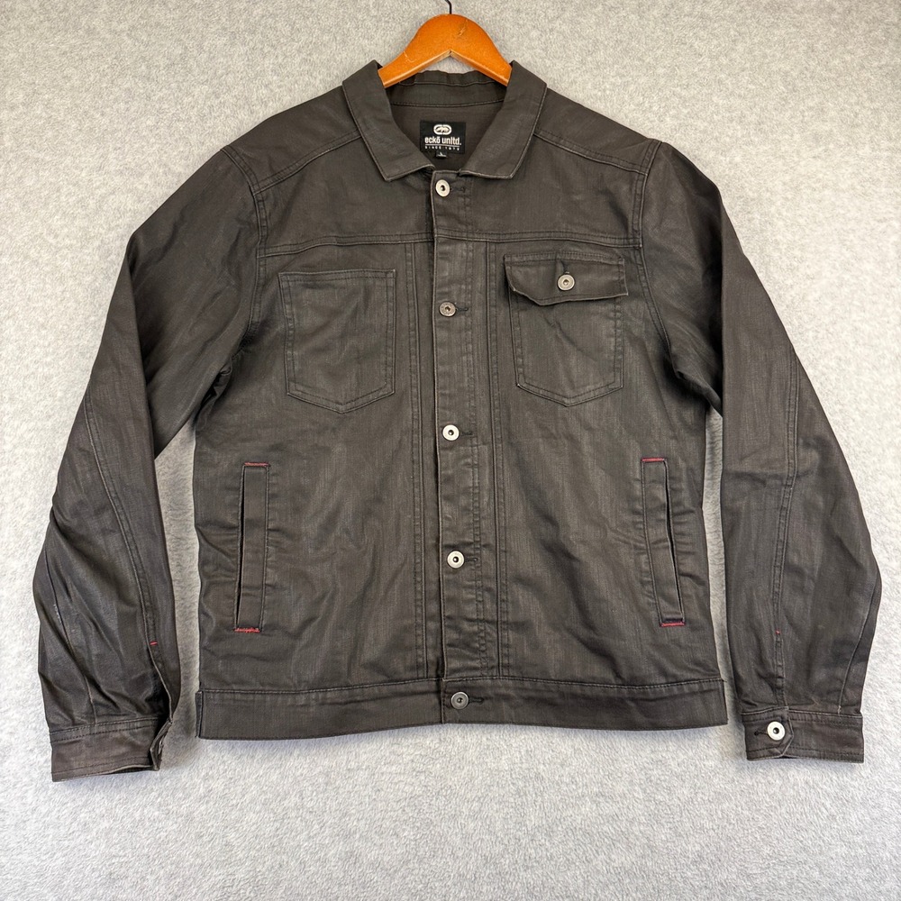 Ecko Unltd Trucker Jacket Mens Large Black Coated Denim Cotton Spandex